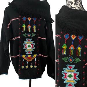Vintage 80’s Victoria Jones Beaded Fringe 3D knit Sweater Southwestern Large